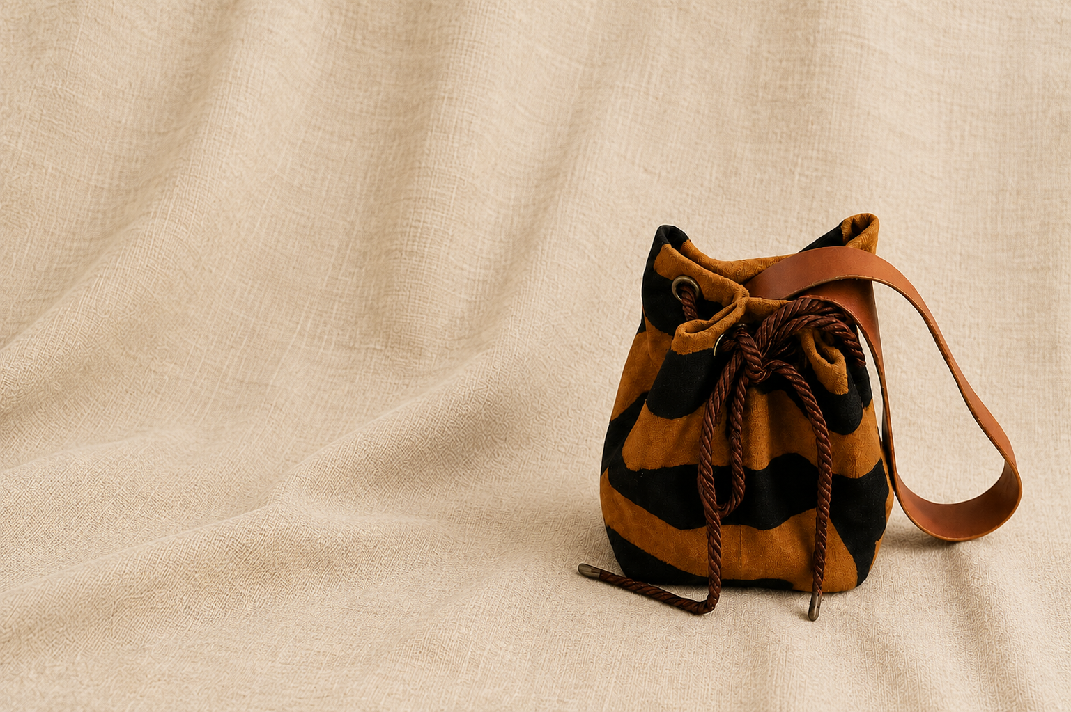 BoGo bucket bag in hand-stamped Bogolan mud cloth
